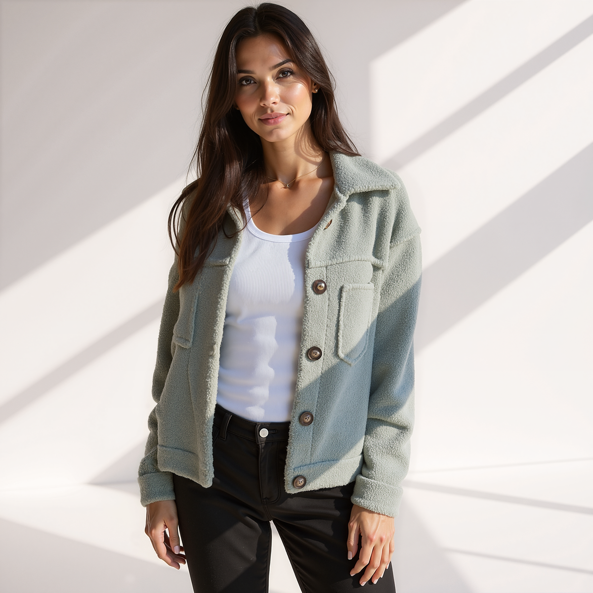 Women's Button-Front Teddy Shirt Jacket in a Short Cut - Sage Green