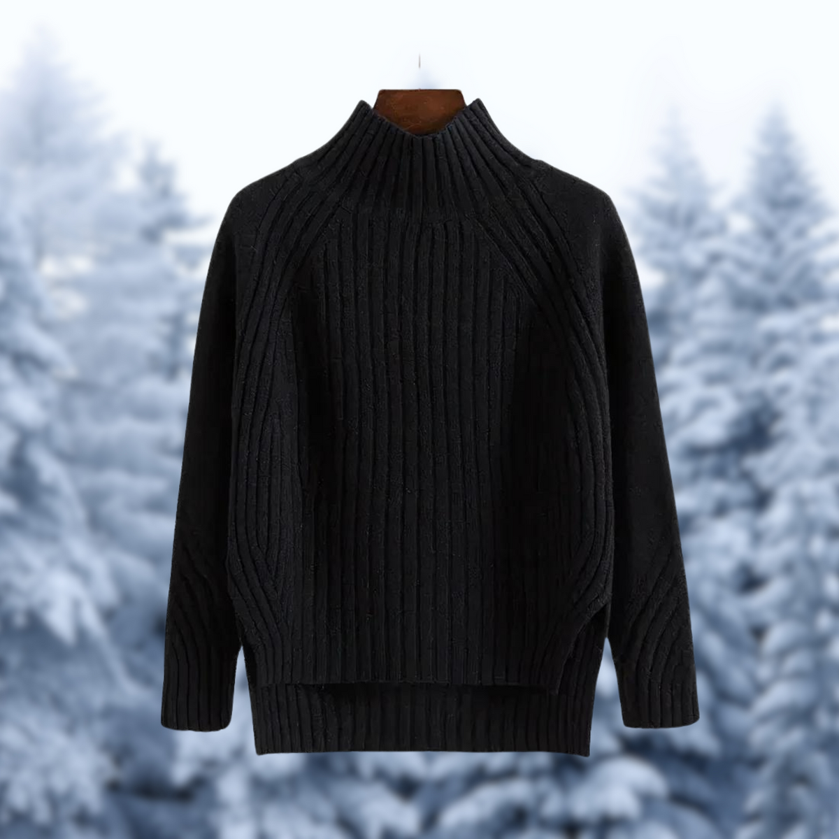 Women's Textured High-Neck Sweater with Fitted Ribbed Cuffs - Black