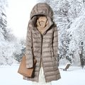 Women's Hooded Quilted Puffer Coat in a Hip-Covering Long Cut - Taupe