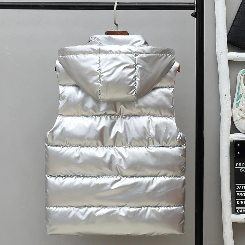 Men's Sleeveless Glossy Puffer Vest with Drawcord Hood