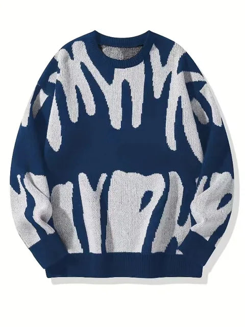 Men's Textured Crew-Neck Sweater with Ribbed Cuffs and Hem - Blue White