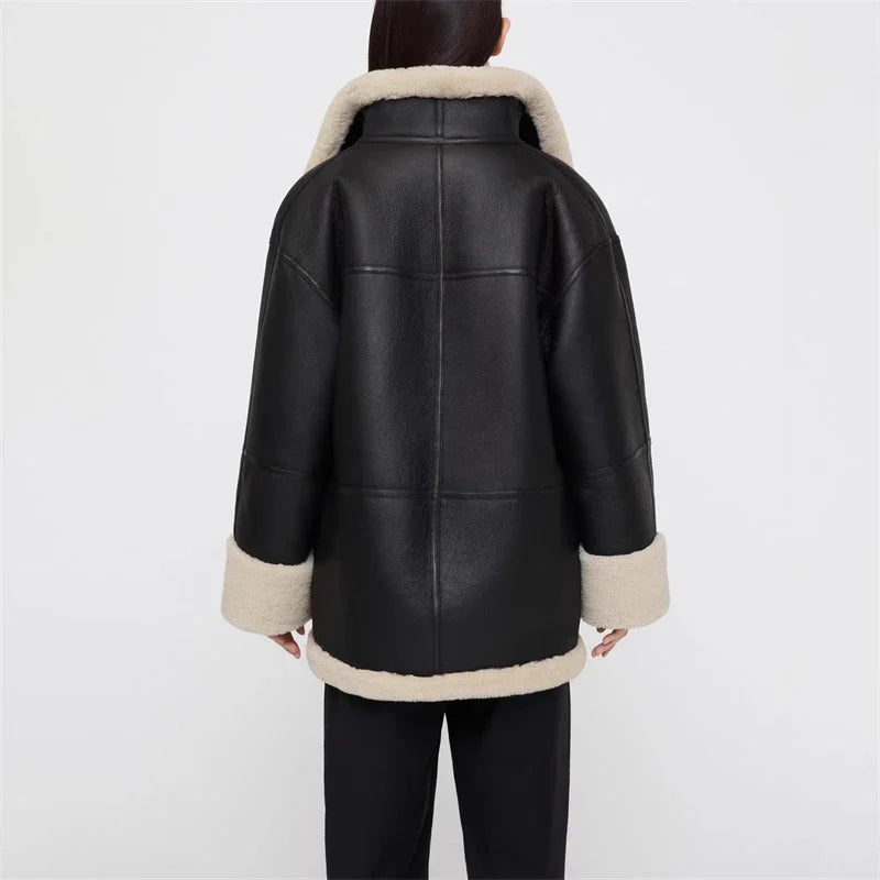 Women's Shearling-Style Faux Leather Jacket with Wide Plush Collar