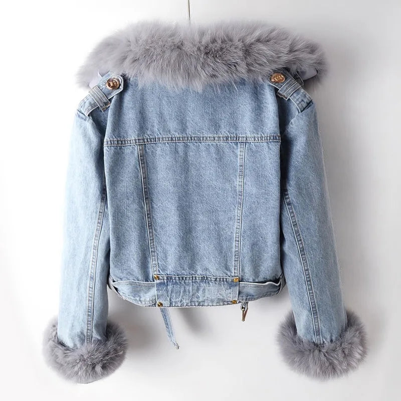 Women's Cropped Denim Moto Jacket with Faux Fur Collar and Belt