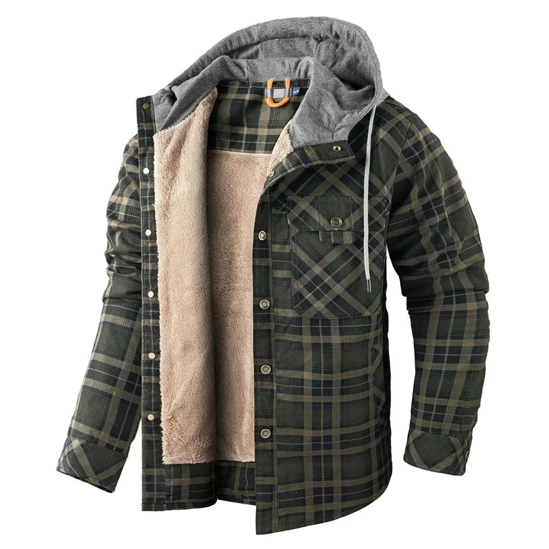 Men's Cozy Fleece-Lined Plaid Jacket with Attached Hood - Olive Green