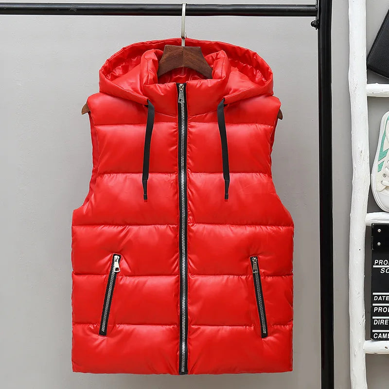 Men's Sleeveless Glossy Puffer Vest with Drawcord Hood - Red