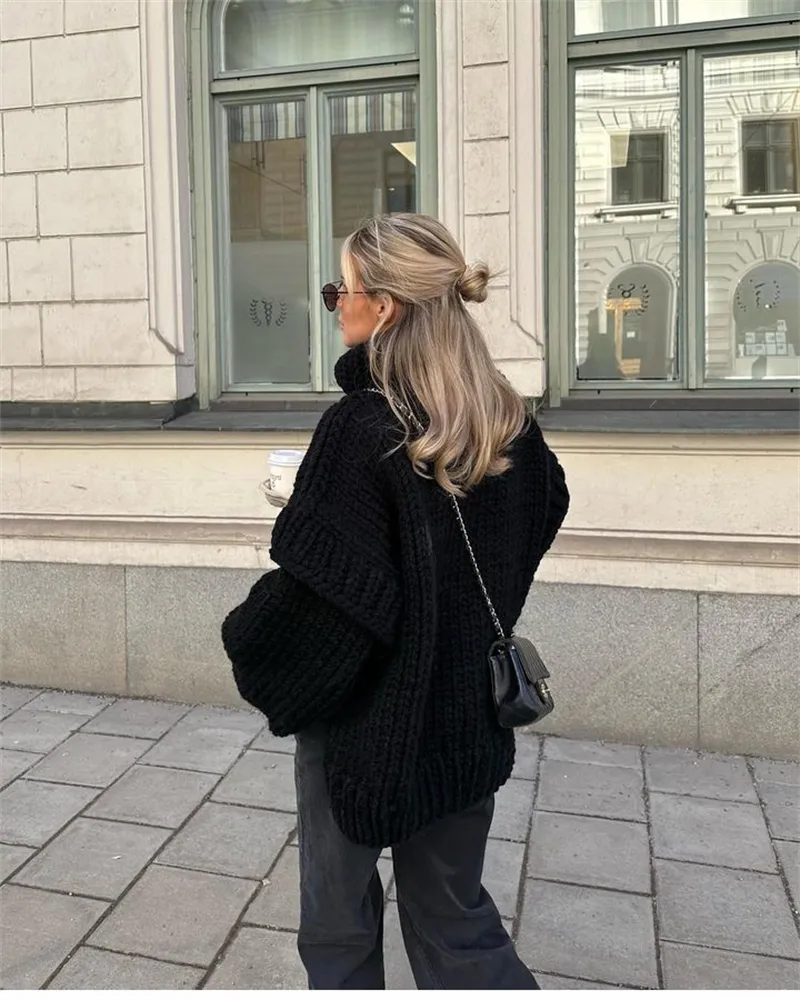 Women's Thick Knit Fold-Over Turtleneck Sweater with Roomy Sleeves