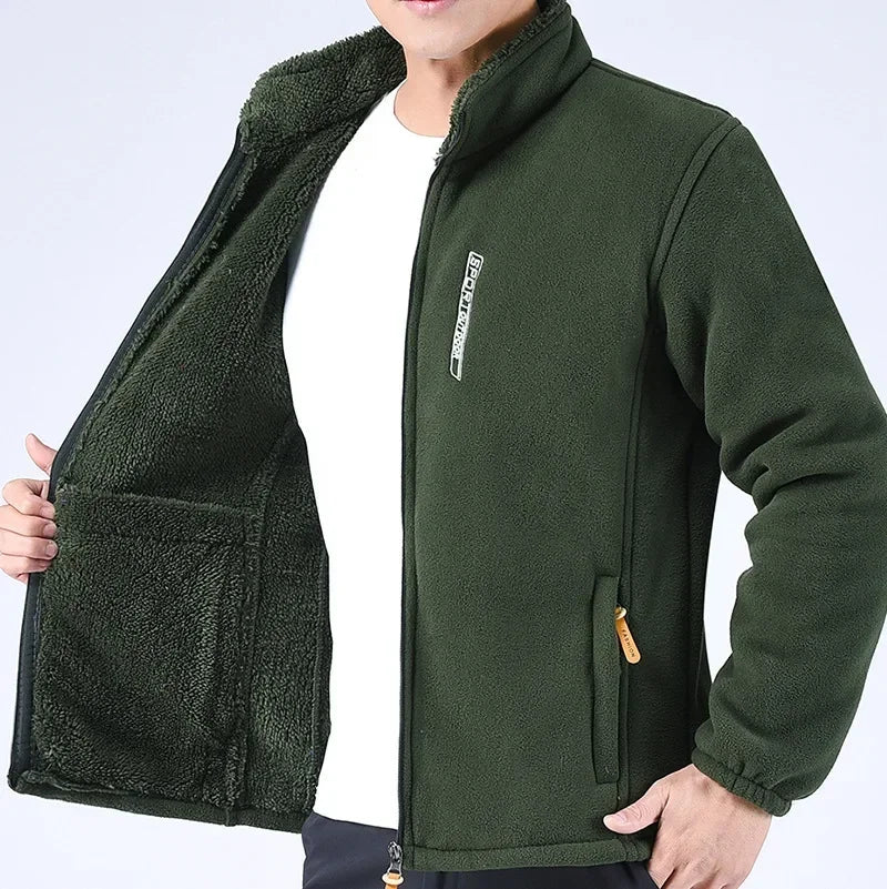 Men's Relaxed Full-Zip Polar Fleece Jacket with High Collar - Olive Green