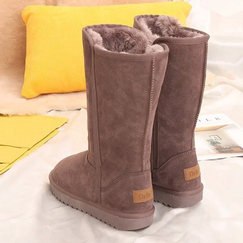 Women's Waterproof Genuine Leather Tall Snow Boots with Flat Sole