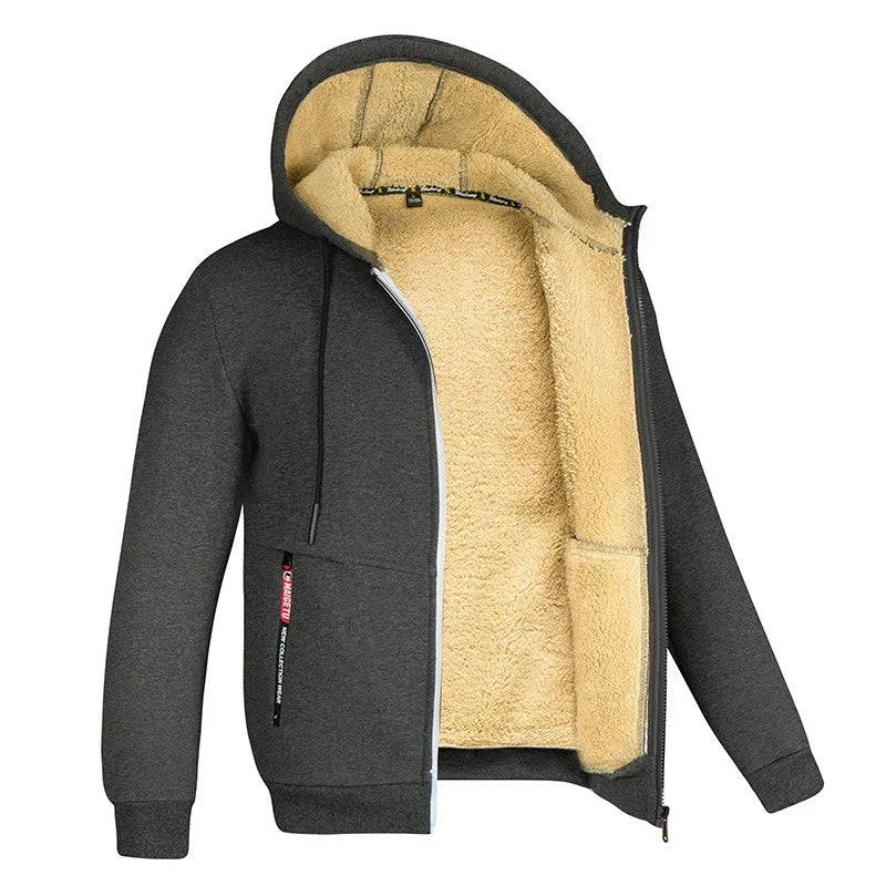 Men's Full-Zip Hooded Plush Fleece Jacket with Ribbed Trim - Dark Gray