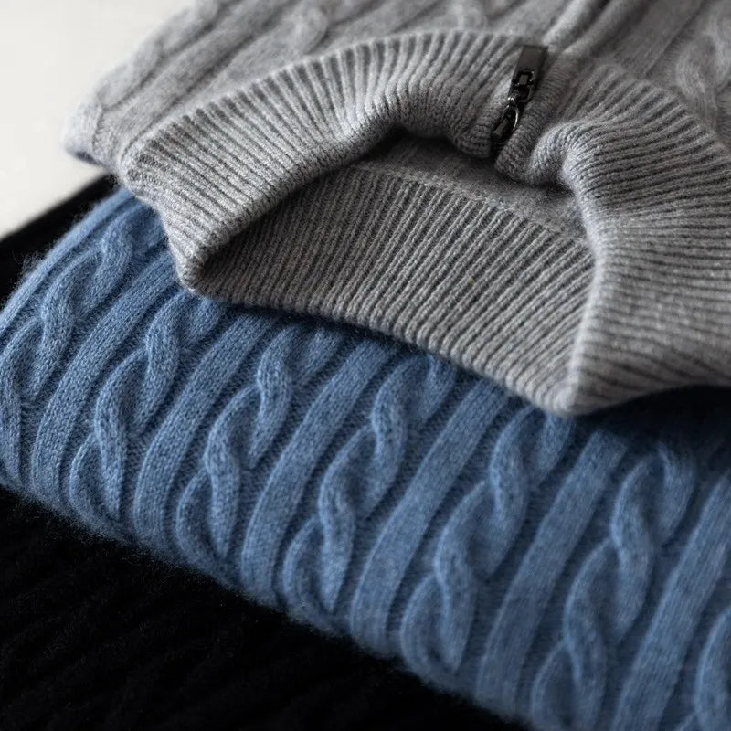 Men's Half-Zip Merino Wool Sweater with Mid-Height Collar