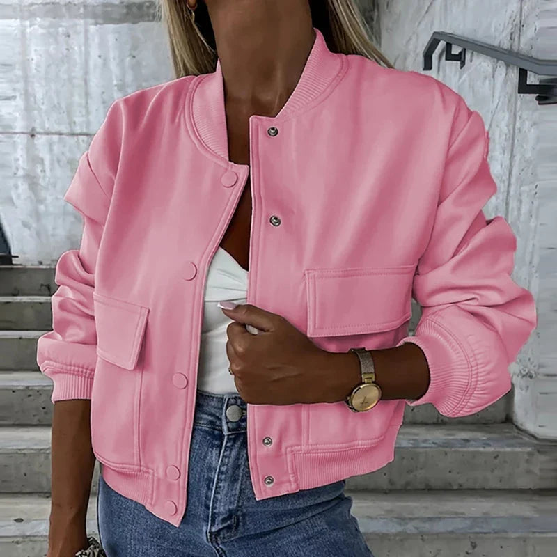 Women's Everyday Cropped Bomber with Rib Trims and Flap Pockets