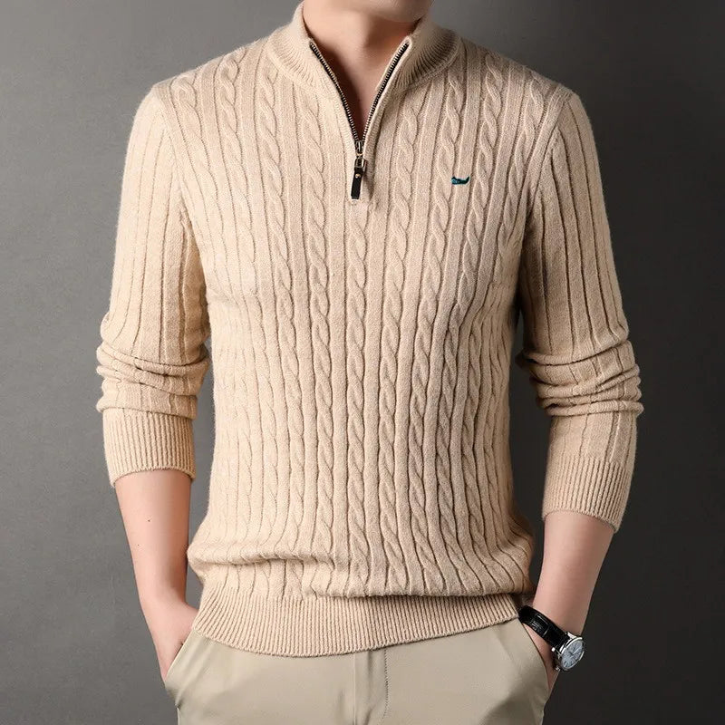 Men's Half-Zip Merino Wool Sweater with Mid-Height Collar