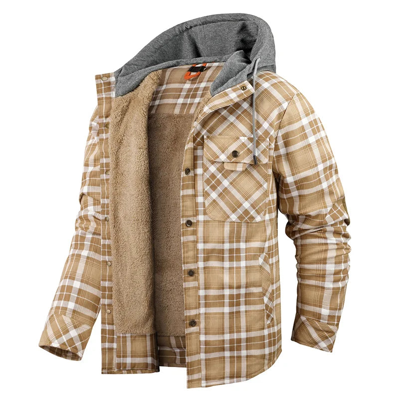 Men's Cozy Fleece-Lined Plaid Jacket with Attached Hood - Khaki