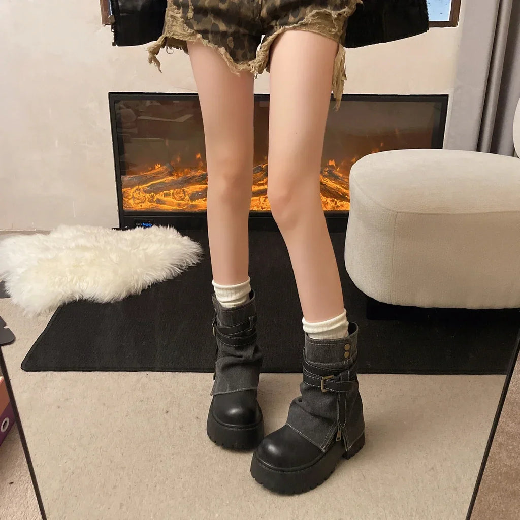 Women's Chunky Platform Combat Boots with Layered Buckle Straps