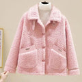 Women's Oversized Teddy Aviator Jacket with Buckled Collar - Pink