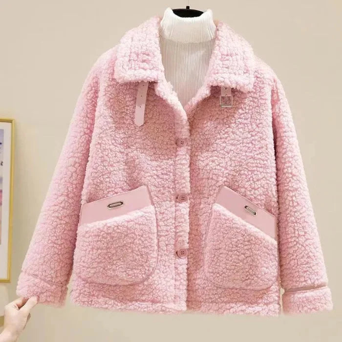 Women's Oversized Teddy Aviator Jacket with Buckled Collar - Pink
