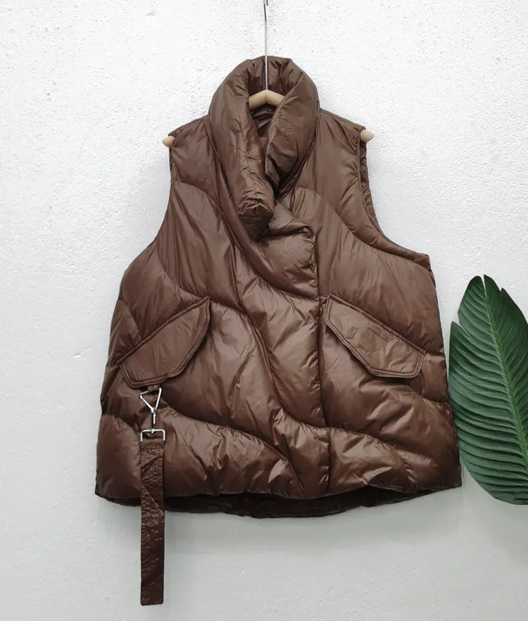 Women's Sleeveless Padded Vest with Oversized Shawl Collar - Brown