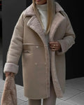 Women's Plush-Lined Longline Overcoat with Turned-Back Cuffs - Brown