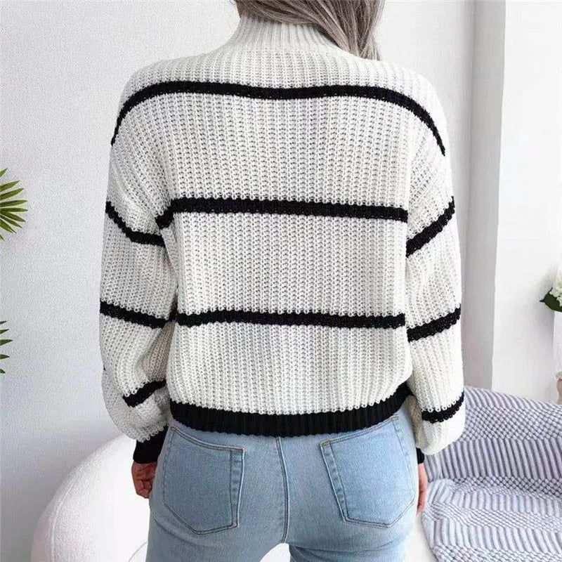 Women's Relaxed Striped Knit Sweater with Ribbed High Neck