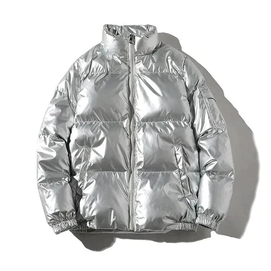 Men's Metallic Waterproof Winter Puffer with High Neck - Silver B