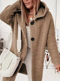 Women's Hooded Longline Knit Coat with Large Buttons for School Runs - Brown