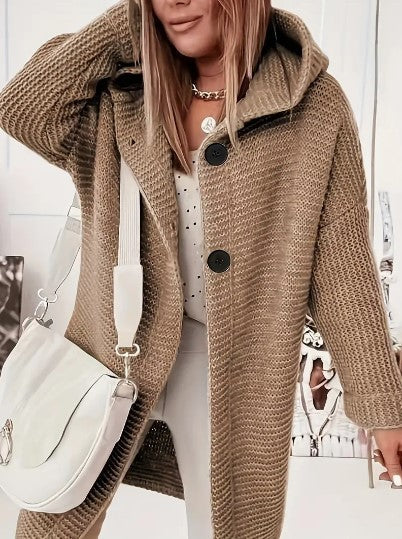 Women's Hooded Longline Knit Coat with Large Buttons for School Runs - Brown