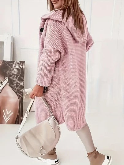 Women's Hooded Longline Knit Coat with Large Buttons for School Runs