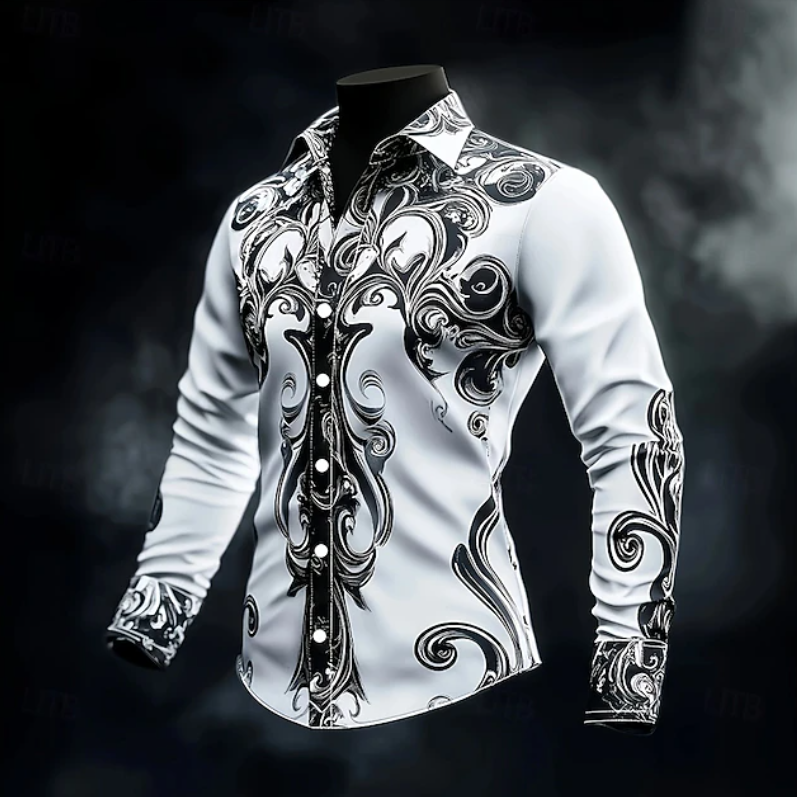 Men's Tailored Ornate Print Shirt for Dinners and Parties - White