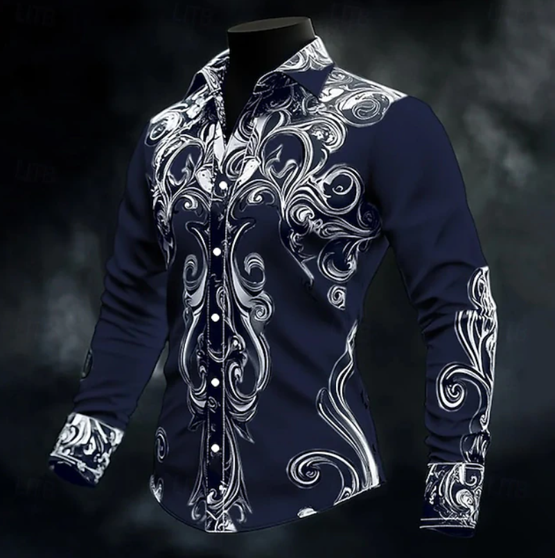 Men's Tailored Ornate Print Shirt for Dinners and Parties - Navy Blue