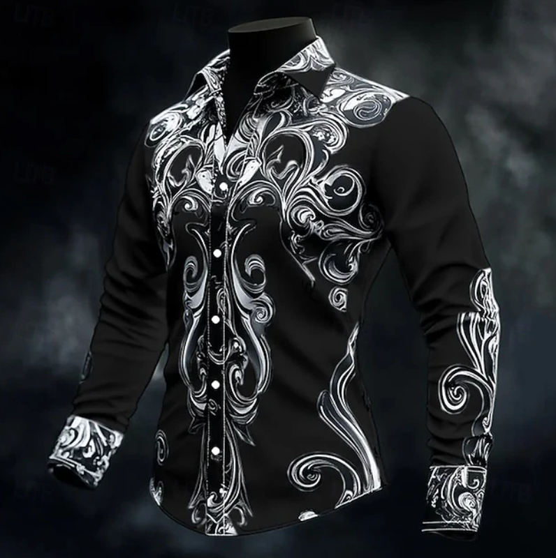 Men's Tailored Ornate Print Shirt for Dinners and Parties - Black