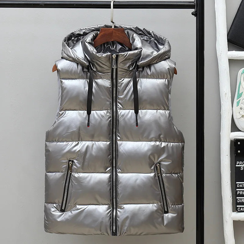 Men's Sleeveless Glossy Puffer Vest with Drawcord Hood - Silver B