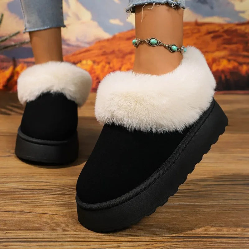 Women's Plush-Lined Slip-On Winter Ankle Boots in Faux Suede - Black