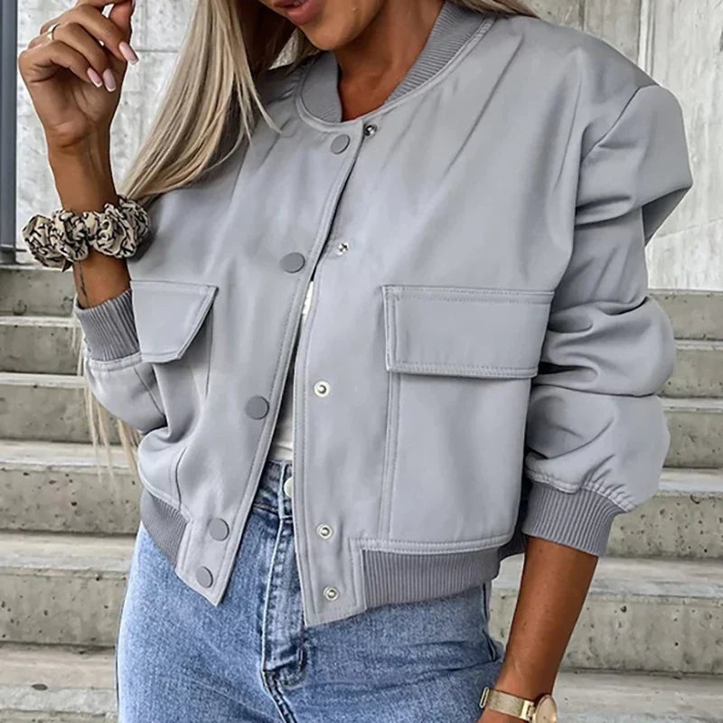 Women's Everyday Cropped Bomber with Rib Trims and Flap Pockets