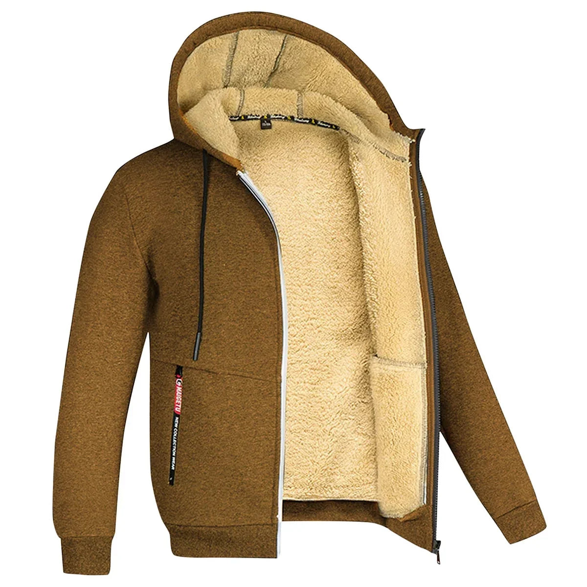Men's Full-Zip Hooded Plush Fleece Jacket with Ribbed Trim - Brown