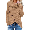 Women's Draped-Hem Cowl Neck Sweater with Diagonal Buttons - Khaki