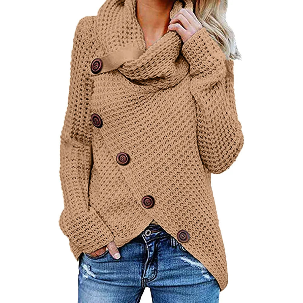 Women's Draped-Hem Cowl Neck Sweater with Diagonal Buttons - Khaki