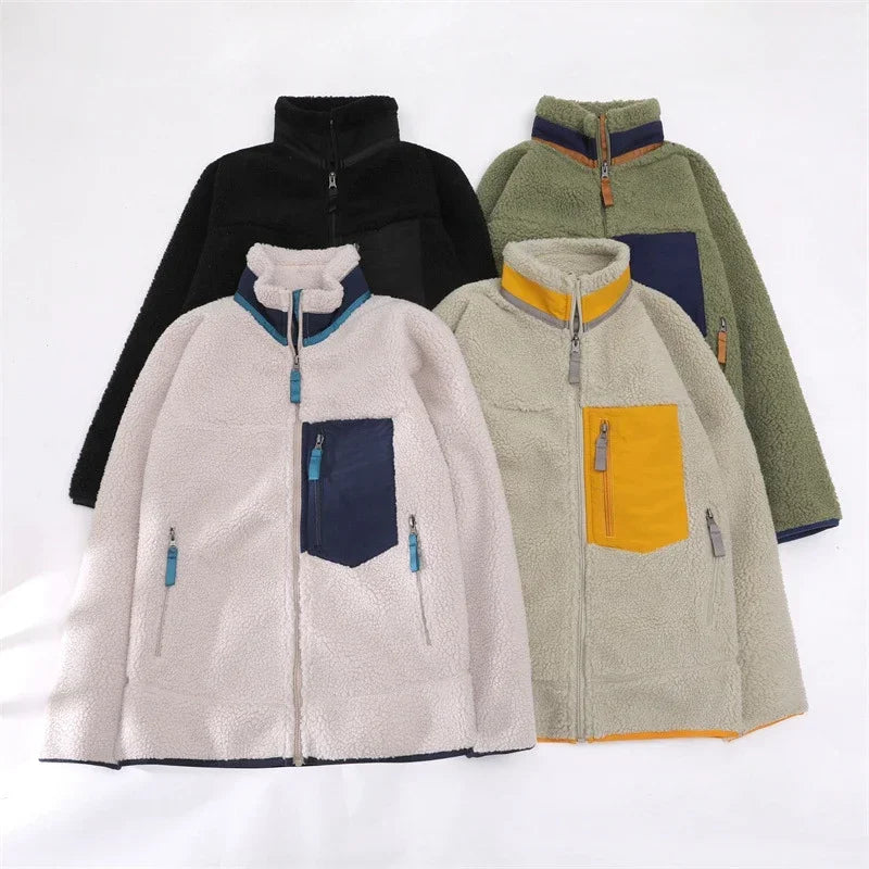 Women's Windproof High-Neck Sherpa Fleece with Contrast Zip Pockets