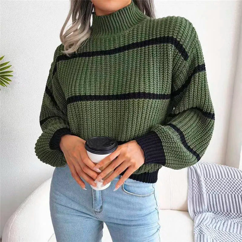 Women's Relaxed Striped Knit Sweater with Ribbed High Neck - Army Green