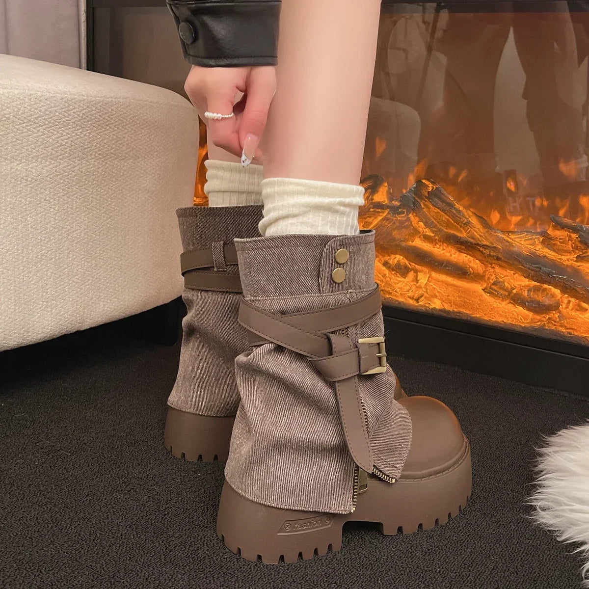 Women's Chunky Platform Combat Boots with Layered Buckle Straps
