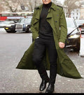 Men's Long Double-Breasted Trench Coat with Strap Cuffs and Epaulettes - Olive Green