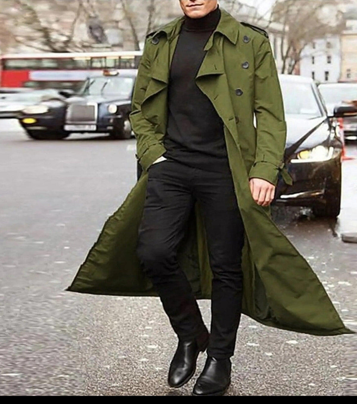 Men's Long Double-Breasted Trench Coat with Strap Cuffs and Epaulettes - Olive Green