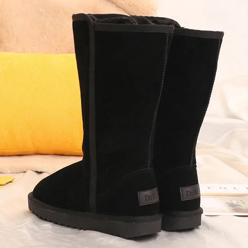 Women's Waterproof Genuine Leather Tall Snow Boots with Flat Sole