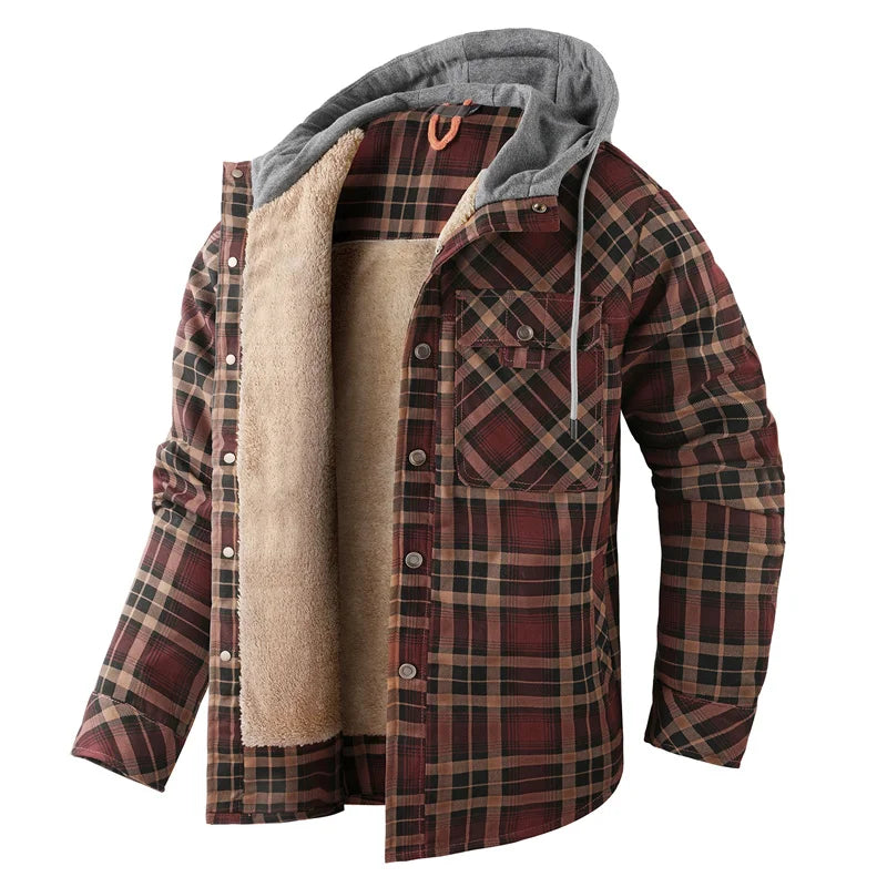 Men's Cozy Fleece-Lined Plaid Jacket with Attached Hood - Dark Brown