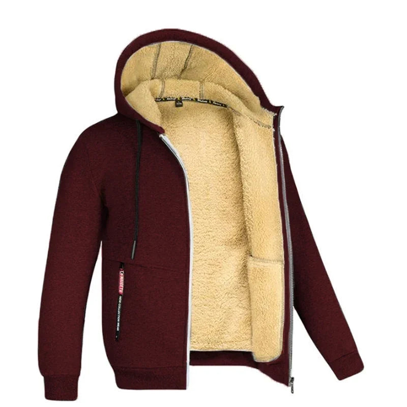 Men's Full-Zip Hooded Plush Fleece Jacket with Ribbed Trim - Wine Red