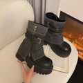 Women's Chunky Platform Combat Boots with Layered Buckle Straps - Black