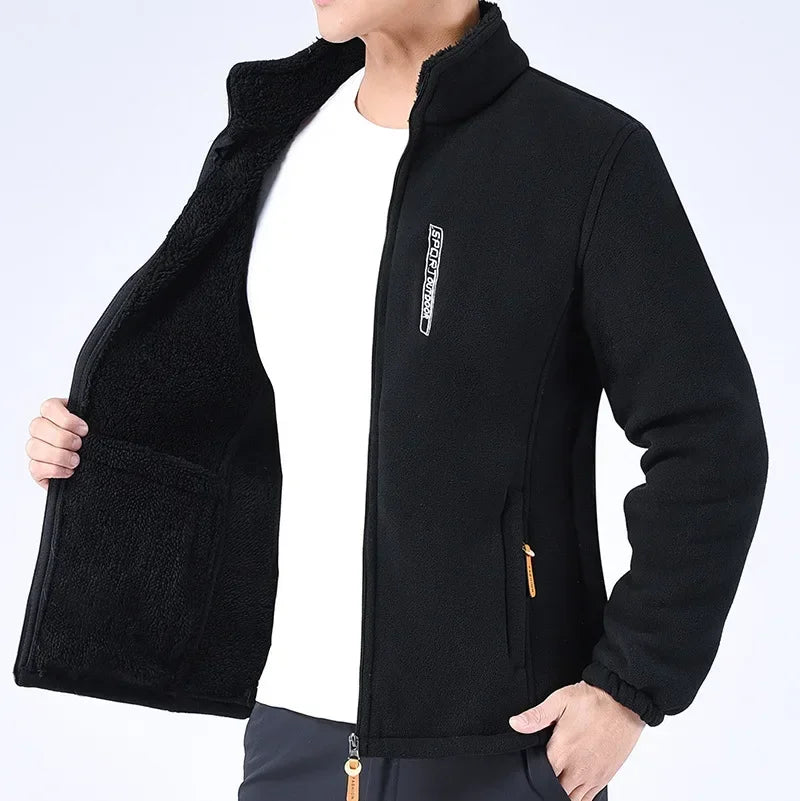 Men's Relaxed Full-Zip Polar Fleece Jacket with High Collar - Black