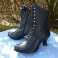 Women's Perforated Brogue Heeled Boots with Victorian Lace-Up Front - Black