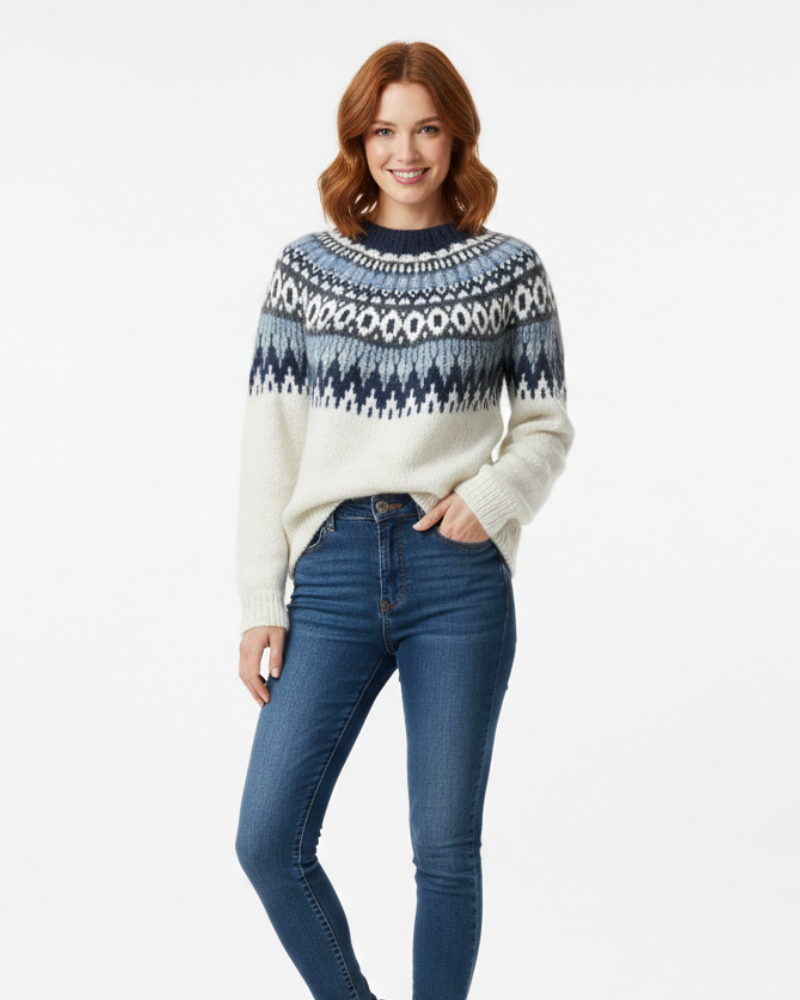 Women's Nordic Pattern Relaxed Sweater with Fair Isle Sleeves - Blue 02