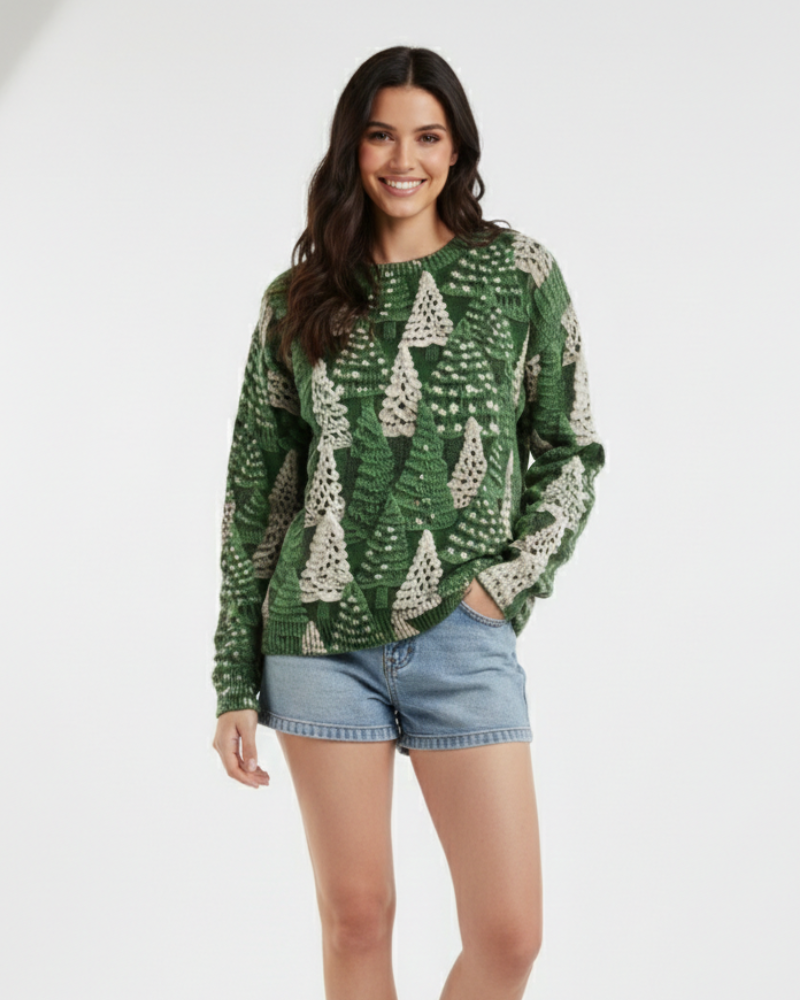 Women's Pine Tree Christmas Sweater with Classic Crew Neck