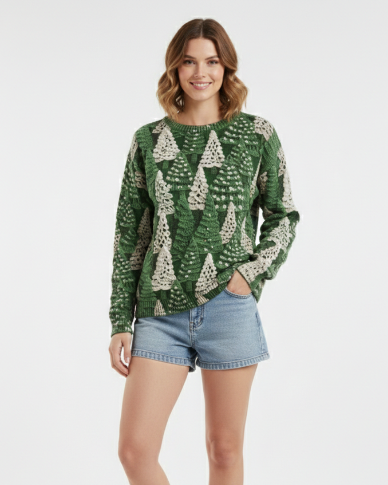 Women's Pine Tree Christmas Sweater with Classic Crew Neck